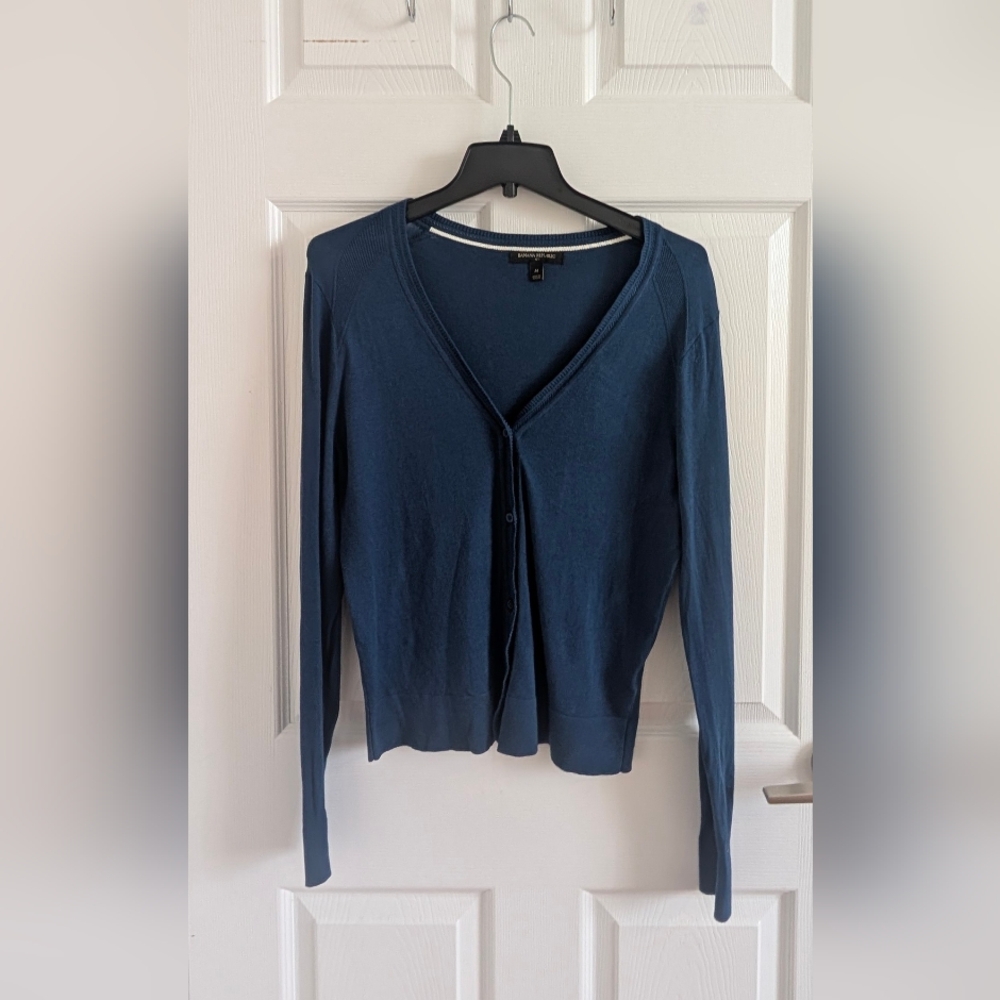 Banana Republic Blue Cotton Viscose Blend V-Neck Cardigan Classic Office SZ M